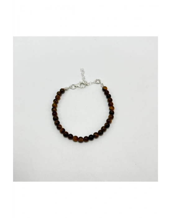 SERTİFİKALI Kaplan Gözü 4mm 925 Ayar Gümüş Doğal Taş Bileklik Uzatma Zincirli