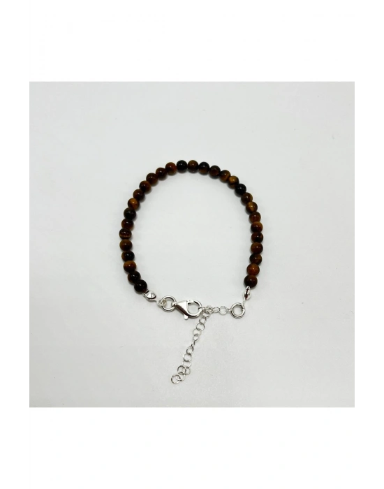 SERTİFİKALI Kaplan Gözü 4mm 925 Ayar Gümüş Doğal Taş Bileklik Uzatma Zincirli