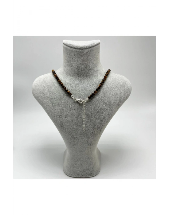 SERTİFİKALI Kaplan Gözü 4mm 925 Ayar Gümüş Doğal Taş Kolye Uzatma Zincirli