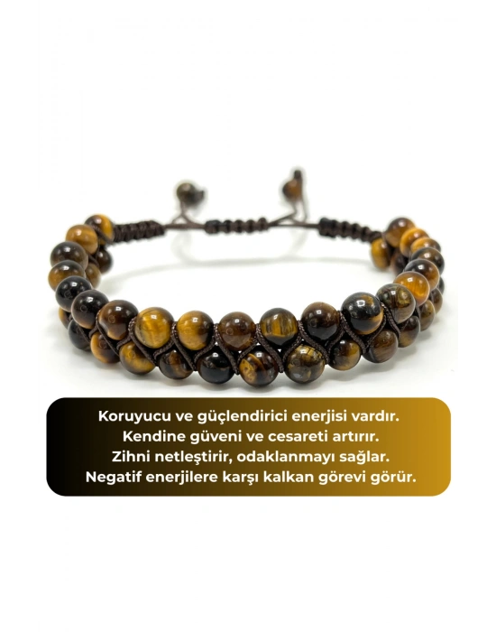 SERTİFİKALI Kaplan Gözü Çift Sıra Doğal Taş Makrome Bileklik Ayarlanabilir Ölçü