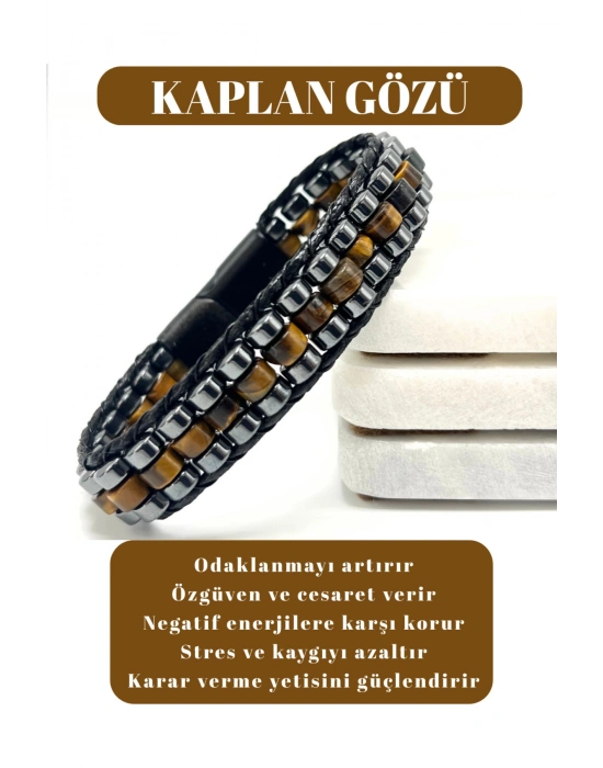 Sertifikalı Kaplan Gözü Disk Model Doğal Taş Erkek Bileklik Kilitli Kapama