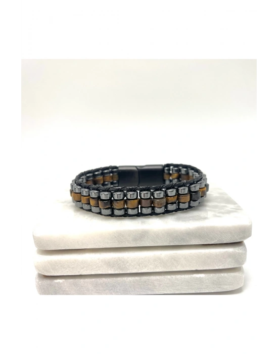 Sertifikalı Kaplan Gözü Disk Model Doğal Taş Erkek Bileklik Kilitli Kapama