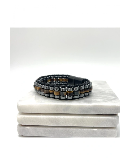 Sertifikalı Kaplan Gözü Disk Model Doğal Taş Erkek Bileklik Kilitli Kapama