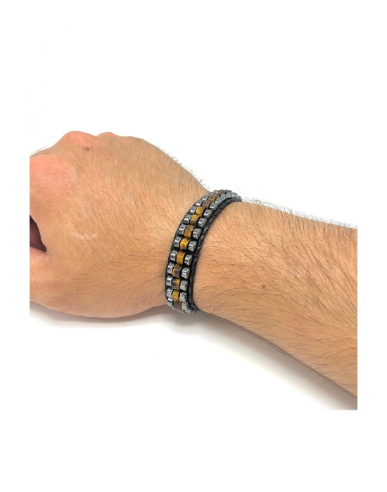 Sertifikalı Kaplan Gözü Disk Model Doğal Taş Erkek Bileklik Kilitli Kapama