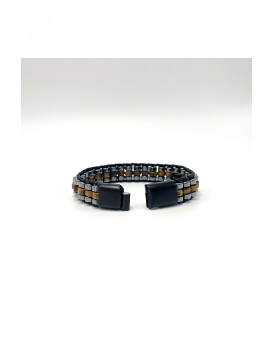 Sertifikalı Kaplan Gözü Disk Model Doğal Taş Erkek Bileklik Kilitli Kapama