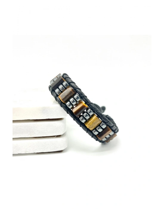 Sertifikalı Kaplan Gözü Doğal Taş Şık Görünümlü Erkek Bileklik Makrome Ayarlanabilir Ölçü