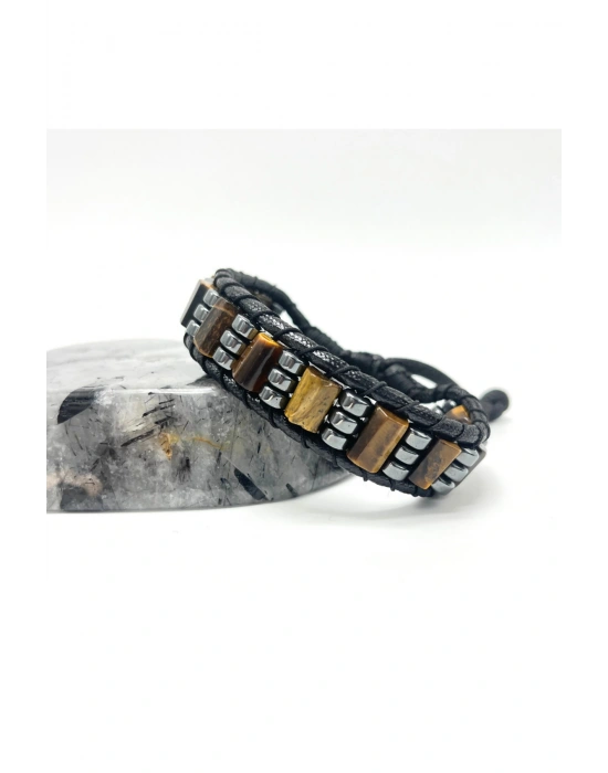 Sertifikalı Kaplan Gözü Doğal Taş Şık Görünümlü Erkek Bileklik Makrome Ayarlanabilir Ölçü