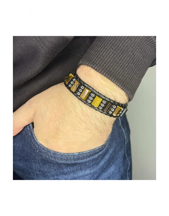 Sertifikalı Kaplan Gözü Doğal Taş Şık Görünümlü Erkek Bileklik Makrome Ayarlanabilir Ölçü