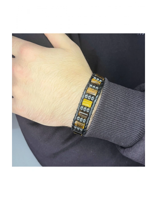 Sertifikalı Kaplan Gözü Doğal Taş Şık Görünümlü Erkek Bileklik Makrome Ayarlanabilir Ölçü