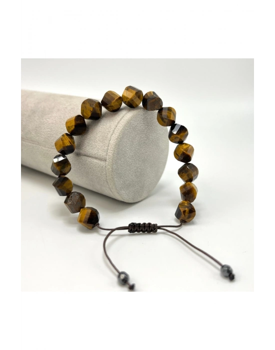 SERTİFİKALI Kaplan Gözü Hexonal Kesim Makrome Doğal Taş Bileklik 8mm