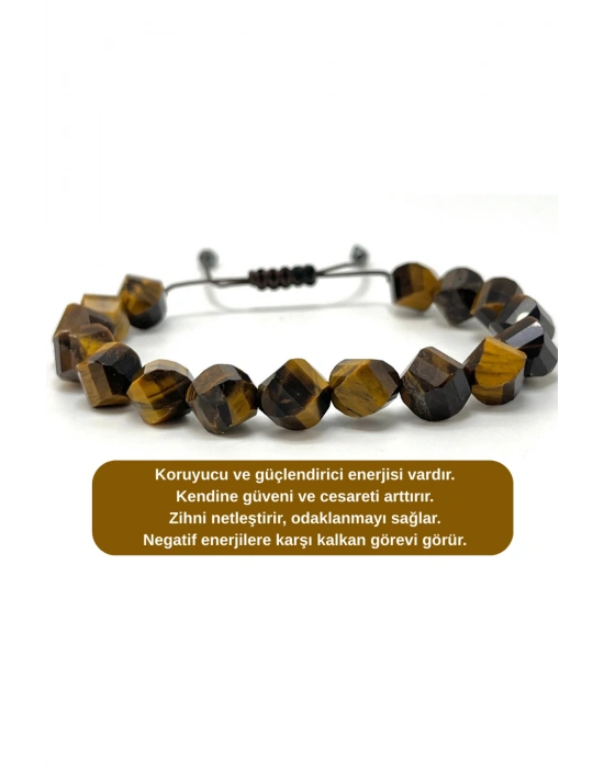 SERTİFİKALI Kaplan Gözü Hexonal Kesim Makrome Doğal Taş Bileklik 8mm