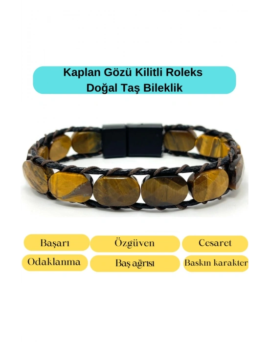 Sertifikalı Kaplan Gözü Kilit Kapama Roleks Doğal Taş Deri Bileklik