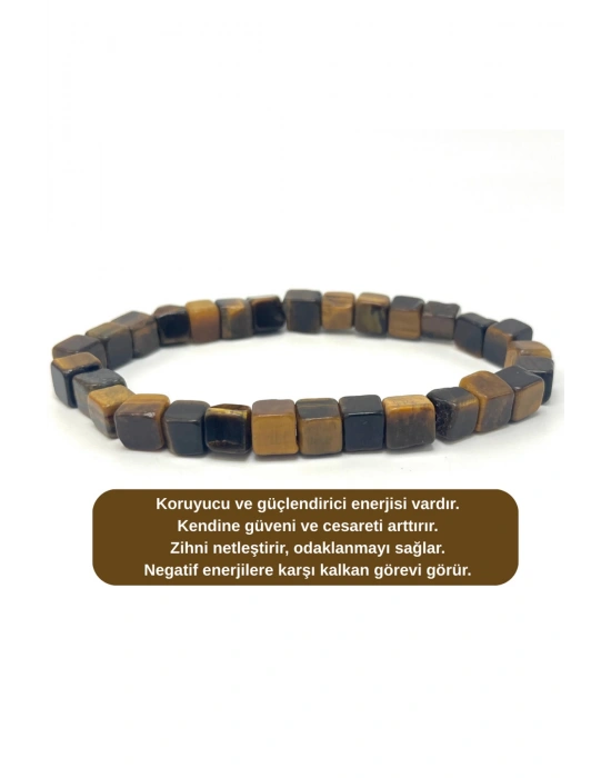 SERTİFİKALI Kaplan Gözü Küp Kesim Lastikli Doğal Taş Bileklik 6mm