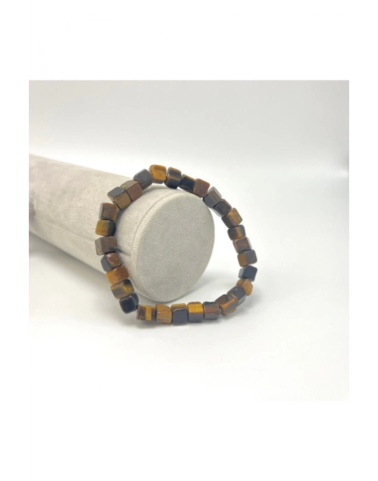 SERTİFİKALI Kaplan Gözü Küp Kesim Lastikli Doğal Taş Bileklik 6mm