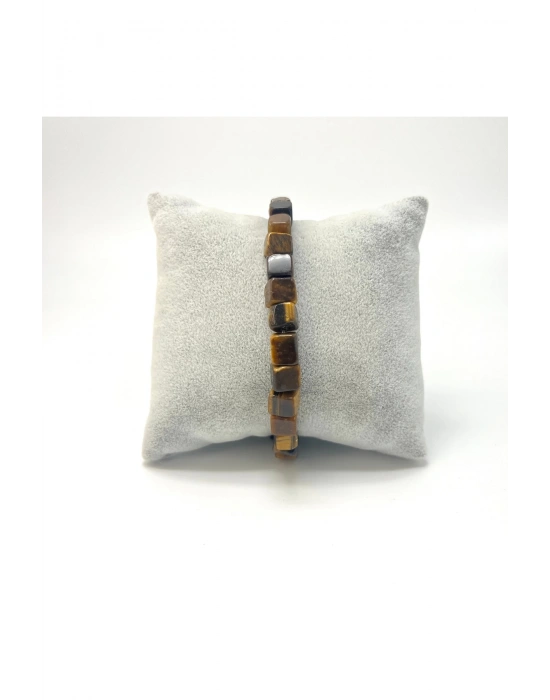 SERTİFİKALI Kaplan Gözü Küp Kesim Lastikli Doğal Taş Bileklik 6mm