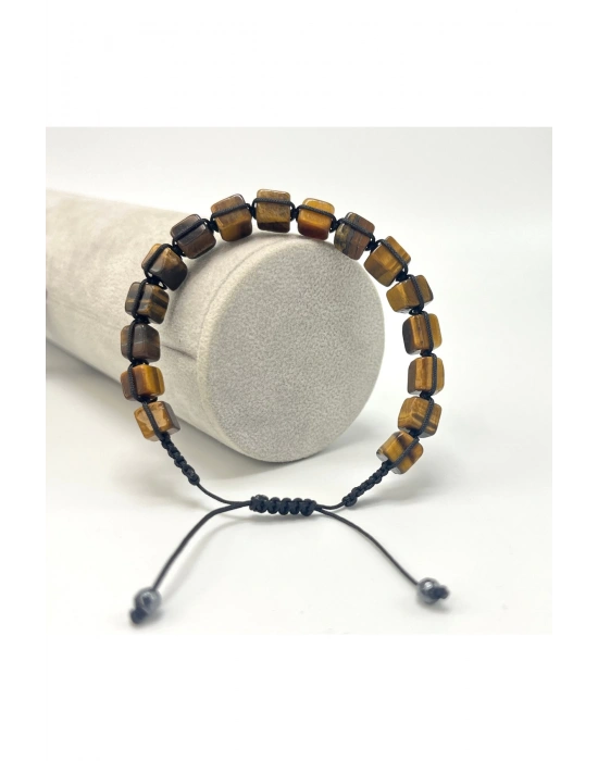 SERTİFİKALI Kaplan Gözü Küp Kesim Makrome Doğal Taş Bileklik 6mm