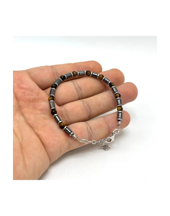 Sertifikalı Kaplan Gözü ve Hematit  925 Ayar Doğal Taş Gümüş Bileklik 4mm