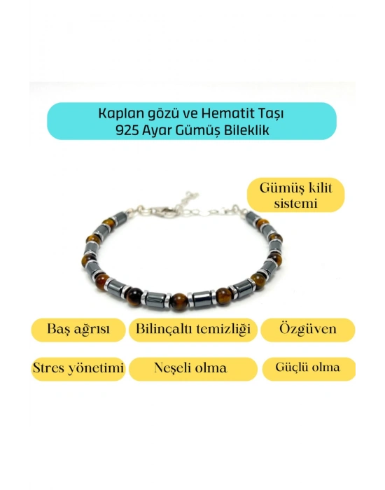 Sertifikalı Kaplan Gözü ve Hematit  925 Ayar Doğal Taş Gümüş Bileklik 4mm