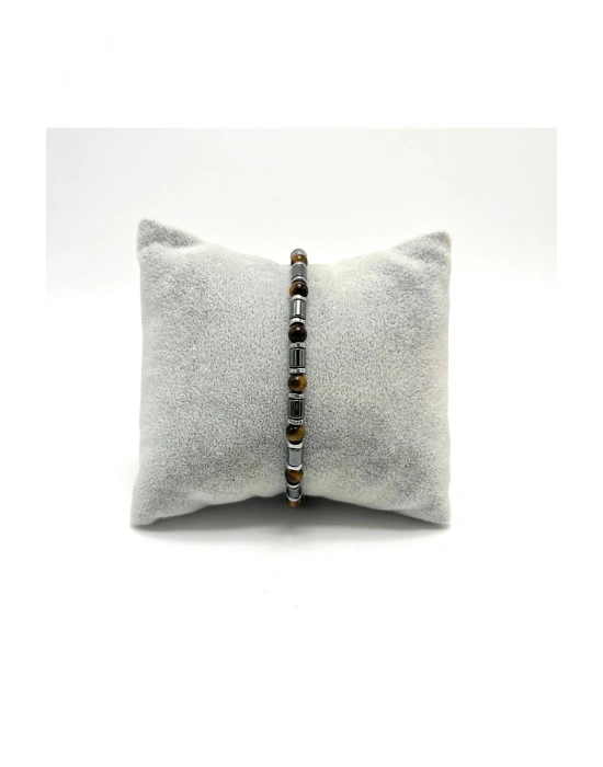 Sertifikalı Kaplan Gözü ve Hematit  925 Ayar Doğal Taş Gümüş Bileklik 4mm