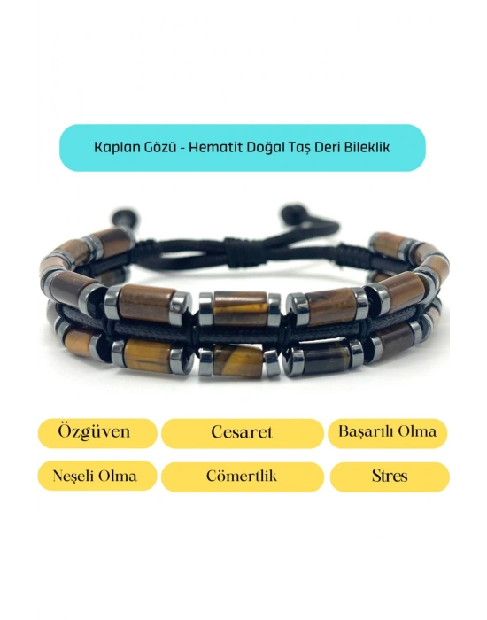 Sertifikalı Kaplan Gözü ve Hematit Makrome Doğal Taş Deri Erkek Bileklik