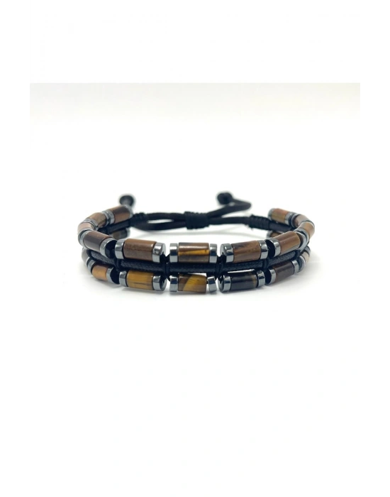 Sertifikalı Kaplan Gözü ve Hematit Makrome Doğal Taş Deri Erkek Bileklik