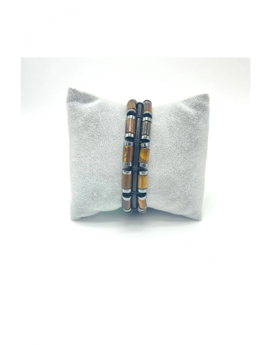 Sertifikalı Kaplan Gözü ve Hematit Makrome Doğal Taş Deri Erkek Bileklik