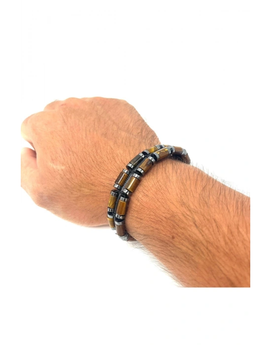 Sertifikalı Kaplan Gözü ve Hematit Makrome Doğal Taş Deri Erkek Bileklik