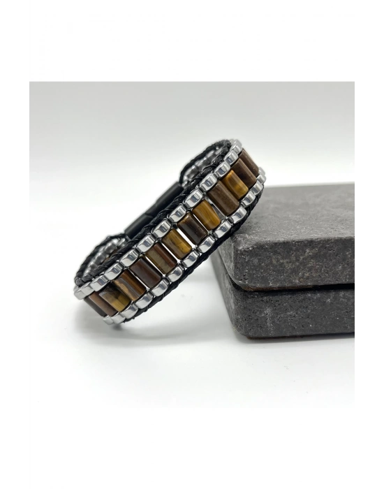 Sertifikalı Kaplan Gözü ve Hematit Silindir Kesim Kilitli Doğal Taş Deri Erkek Bileklik