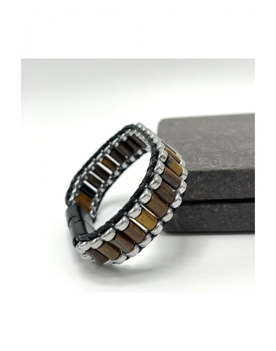 Sertifikalı Kaplan Gözü ve Hematit Silindir Kesim Kilitli Doğal Taş Deri Erkek Bileklik