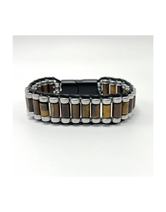 Sertifikalı Kaplan Gözü ve Hematit Silindir Kesim Kilitli Doğal Taş Deri Erkek Bileklik