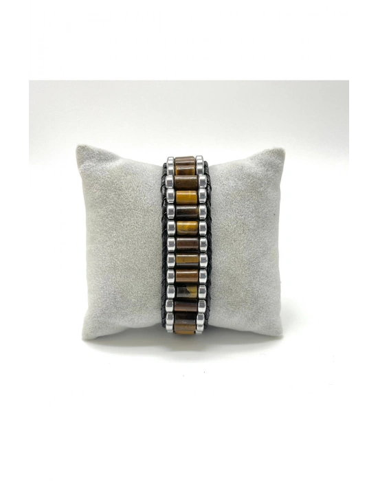 Sertifikalı Kaplan Gözü ve Hematit Silindir Kesim Kilitli Doğal Taş Deri Erkek Bileklik