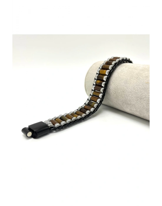 Sertifikalı Kaplan Gözü ve Hematit Silindir Kesim Kilitli Doğal Taş Deri Erkek Bileklik