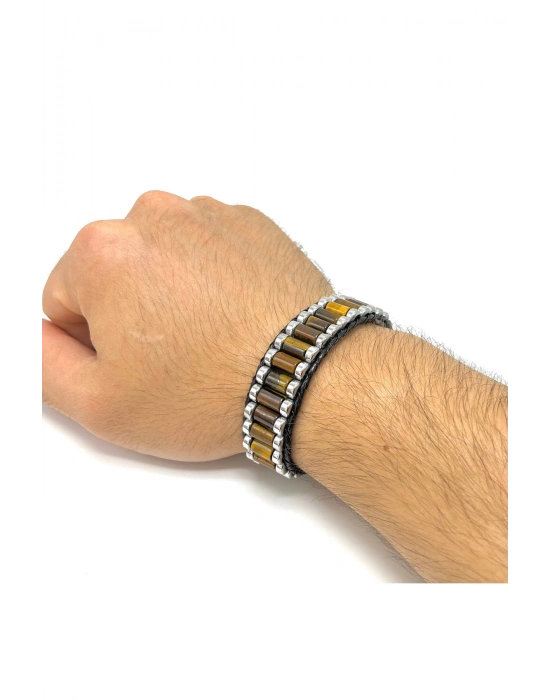 Sertifikalı Kaplan Gözü ve Hematit Silindir Kesim Kilitli Doğal Taş Deri Erkek Bileklik