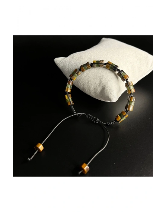 SERTİFİKALI Kaplan Gözü ve Yeşim Makrome Doğal Taş  Bileklik Unisex