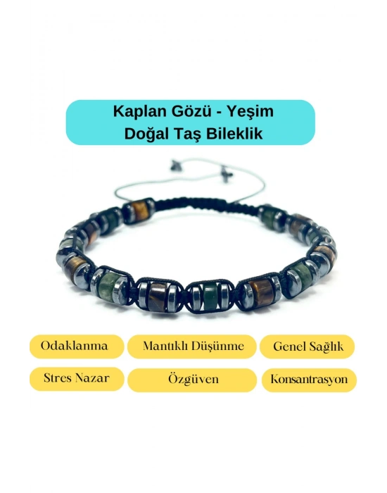 Sertifikalı Kaplan Gözü - Yeşim Doğal Taş Bileklik  Ayarlanabiilir Ölçü