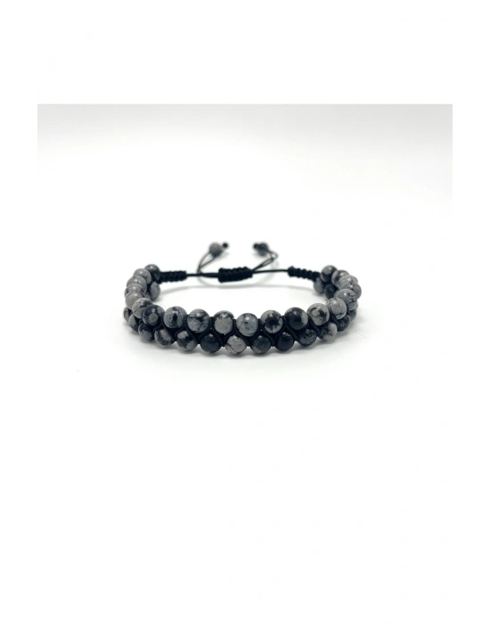 SERTİFİKALI Karlı Obsidyen Çift Sıra Doğal Taş Makrome Bileklik Ayarlanabilir Ölçü