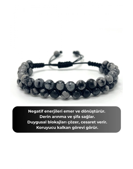 SERTİFİKALI Karlı Obsidyen Çift Sıra Doğal Taş Makrome Bileklik Ayarlanabilir Ölçü