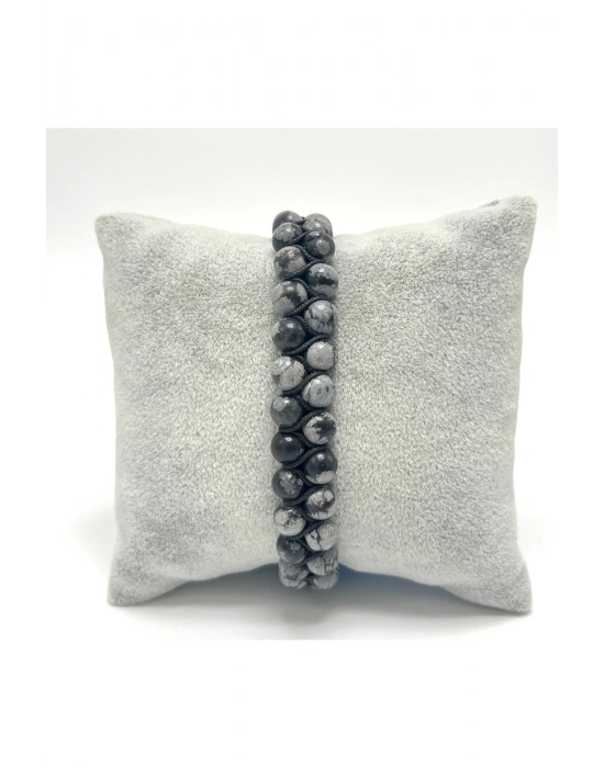 SERTİFİKALI Karlı Obsidyen Çift Sıra Doğal Taş Makrome Bileklik Ayarlanabilir Ölçü