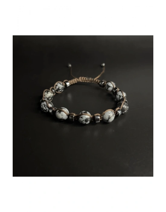 SERTİFİKALI Karlı Obsidyen Hematit Ayarlanabilir Ölçü Unisex Doğal Taş Bileklik