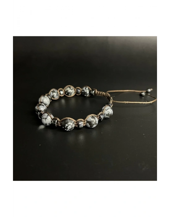 SERTİFİKALI Karlı Obsidyen Hematit Ayarlanabilir Ölçü Unisex Doğal Taş Bileklik