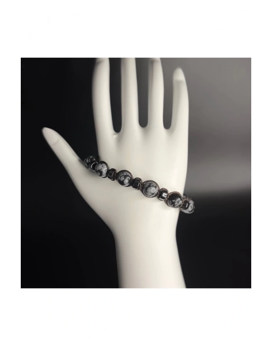 SERTİFİKALI Karlı Obsidyen Hematit Ayarlanabilir Ölçü Unisex Doğal Taş Bileklik