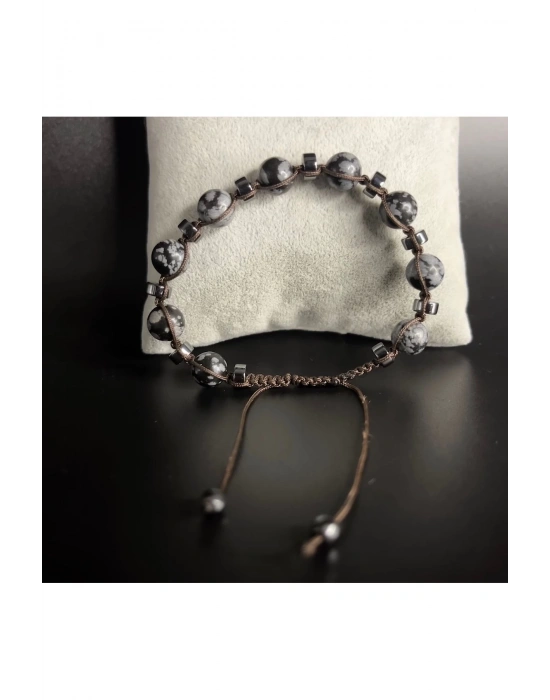 SERTİFİKALI Karlı Obsidyen Hematit Ayarlanabilir Ölçü Unisex Doğal Taş Bileklik