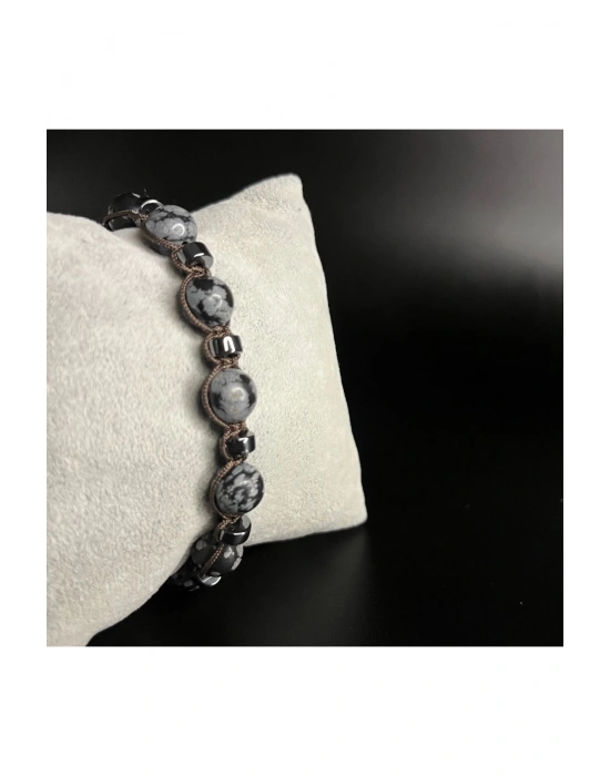 SERTİFİKALI Karlı Obsidyen Hematit Ayarlanabilir Ölçü Unisex Doğal Taş Bileklik