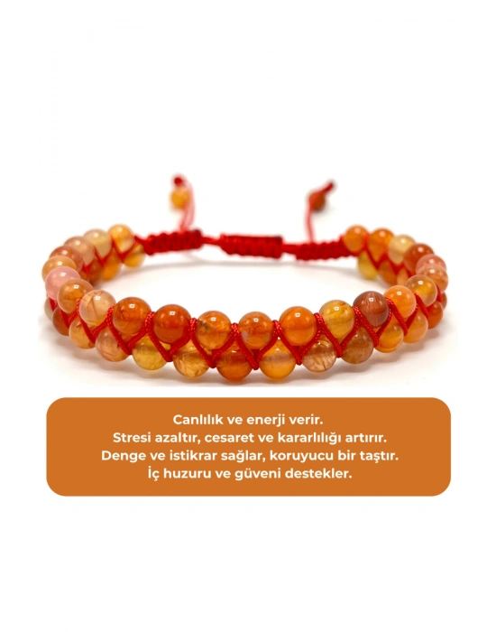SERTİFİKALI Karnelyan Akik Çift Sıra Doğal Taş Makrome Bileklik Ayarlanabilir Ölçü