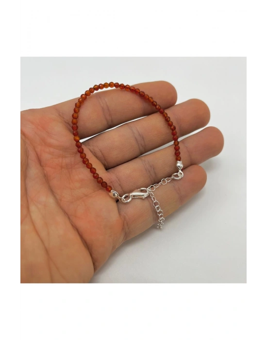 SERTİFİKALI Kırmızı Akik 3mm 925 Ayar Gümüş Doğal Taş Bileklik Uzatma Zincirli
