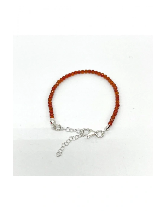 SERTİFİKALI Kırmızı Akik 3mm 925 Ayar Gümüş Doğal Taş Bileklik Uzatma Zincirli