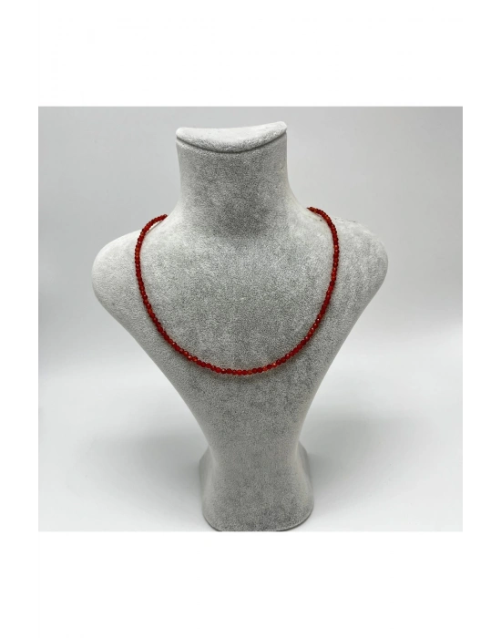 SERTİFİKALI Kırmızı Akik 3mm 925 Ayar Gümüş Doğal Taş Kolye Uzatma Zincirli