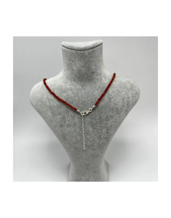 SERTİFİKALI Kırmızı Akik 3mm 925 Ayar Gümüş Doğal Taş Kolye Uzatma Zincirli