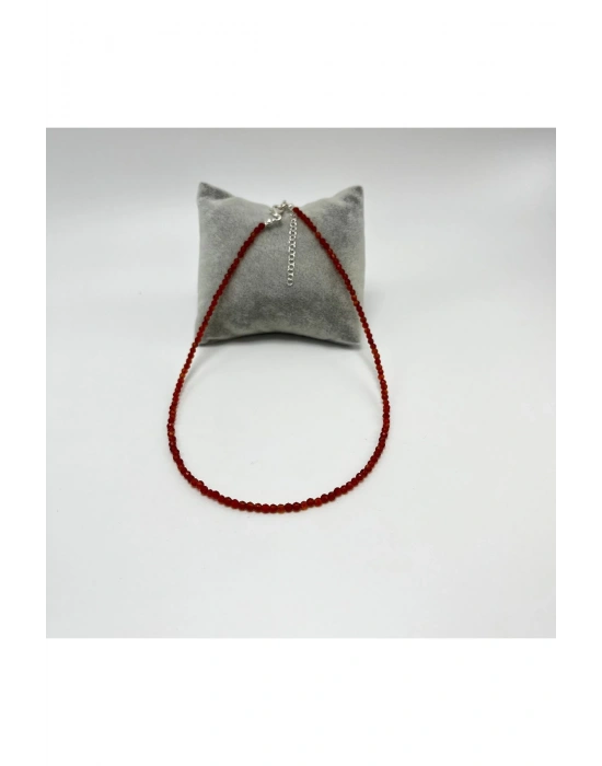 SERTİFİKALI Kırmızı Akik 3mm 925 Ayar Gümüş Doğal Taş Kolye Uzatma Zincirli