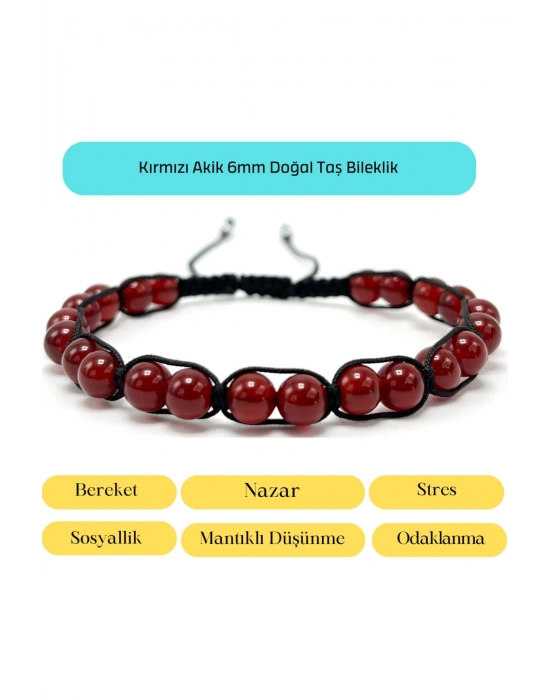 Sertifikalı Kırmızı Akik  6mm Doğal Taş Makrome Bileklik